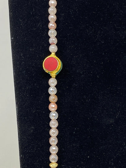 40" Long 6mm Faceted Rose Quartz Necklace, Coral & Turquoise Inlaid on Focal Bead. 18K Matte Gold Overlay, Tibetan Beaded Necklace