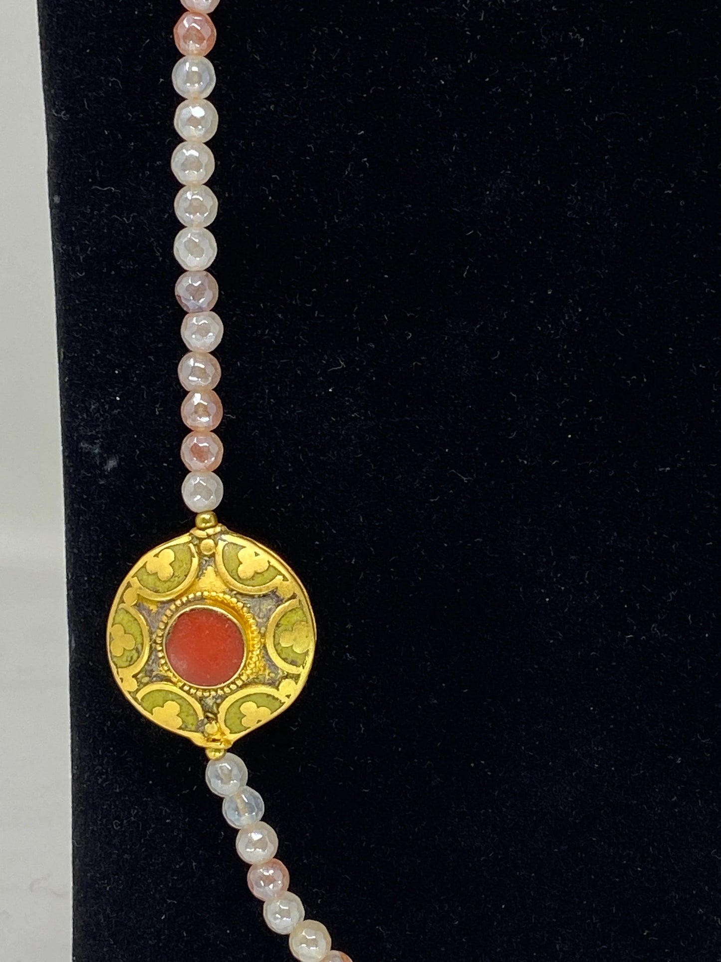 40" Long 6mm Faceted Rose Quartz Necklace, Coral & Turquoise Inlaid on Focal Bead. 18K Matte Gold Overlay, Tibetan Beaded Necklace