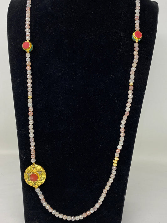 40" Long 6mm Faceted Rose Quartz Necklace, Coral & Turquoise Inlaid on Focal Bead. 18K Matte Gold Overlay, Tibetan Beaded Necklace