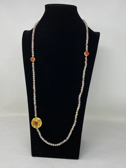 40" Long 6mm Faceted Rose Quartz Necklace, Coral & Turquoise Inlaid on Focal Bead. 18K Matte Gold Overlay, Tibetan Beaded Necklace