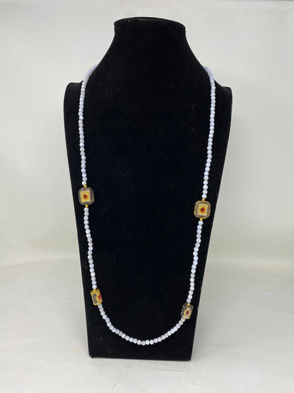 40" Long 6mm Lace Agate Necklace, Rhinestone Matte Gold Overlay,Beaded Necklace, Costume Jewelry, Statement Necklace, Designer necklace