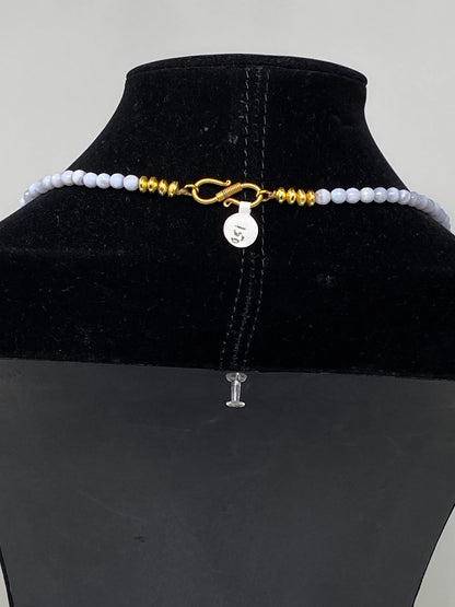 40" Long 6mm Lace Agate Necklace, Rhinestone Matte Gold Overlay,Beaded Necklace, Costume Jewelry, Statement Necklace, Designer necklace