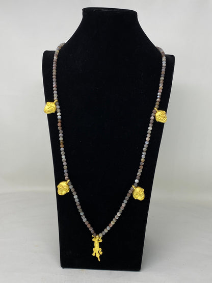 40" Long 6mm Necklace, Natural Botswana Matte Agate, African Face Charms and Crocodile Designs Pendant, Matte Gold Overlay, Beaded Necklace