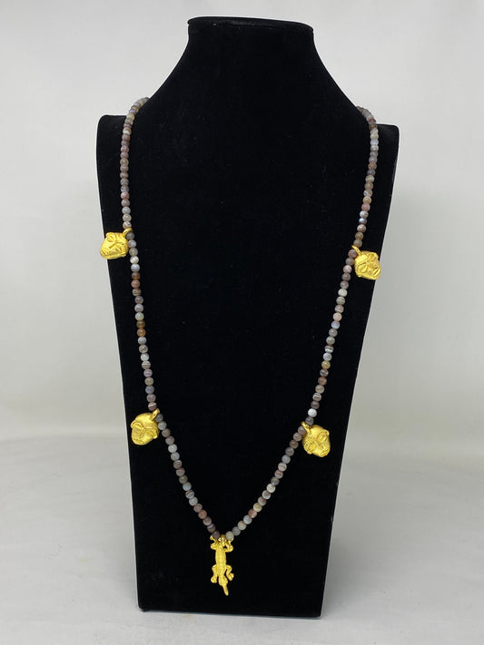 40" Long 6mm Necklace, Natural Botswana Matte Agate, African Face Charms and Crocodile Designs Pendant, Matte Gold Overlay, Beaded Necklace