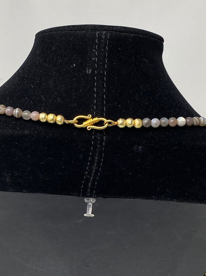 40" Long 6mm Necklace, Natural Botswana Matte Agate, African Face Charms and Crocodile Designs Pendant, Matte Gold Overlay, Beaded Necklace