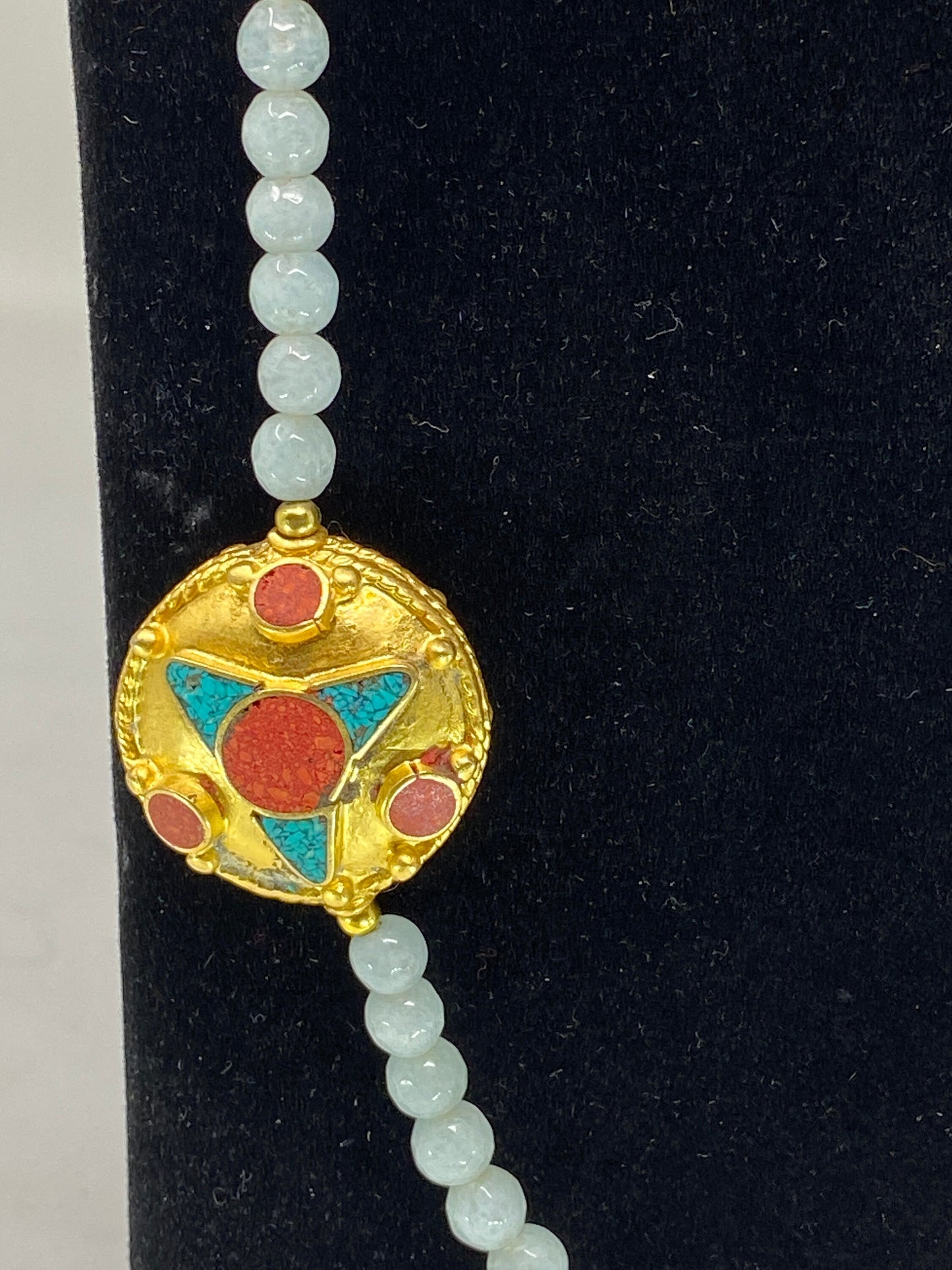 40' Long Aquamarine Necklace, 6mm Round Shapes, 18k Matte Gold overlay Focal Nepal Beads ,Coral & Turquoise Inlaid, Beaded Natural Gemstone