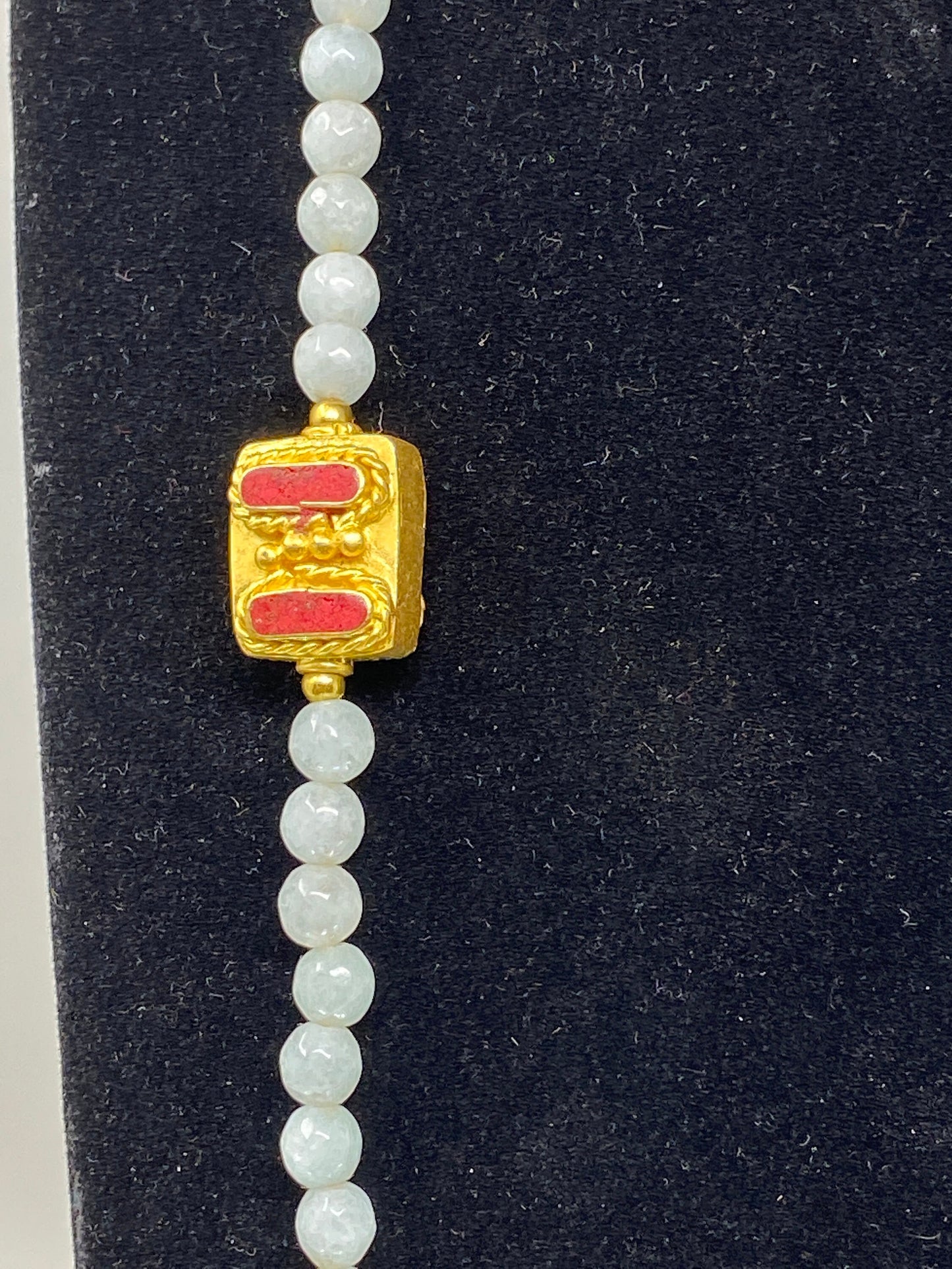 40' Long Aquamarine Necklace, 6mm Round Shapes, 18k Matte Gold overlay Focal Nepal Beads ,Coral & Turquoise Inlaid, Beaded Natural Gemstone