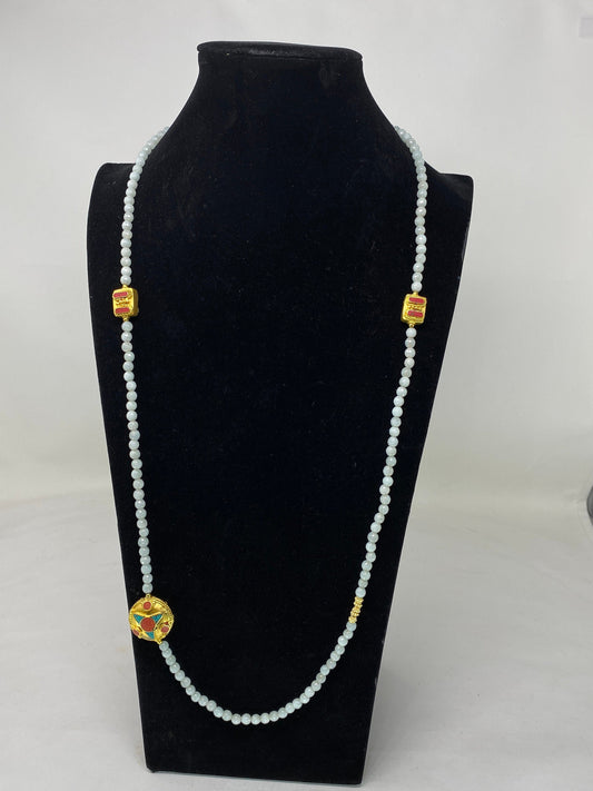 40' Long Aquamarine Necklace, 6mm Round Shapes, 18k Matte Gold overlay Focal Nepal Beads ,Coral & Turquoise Inlaid, Beaded Natural Gemstone