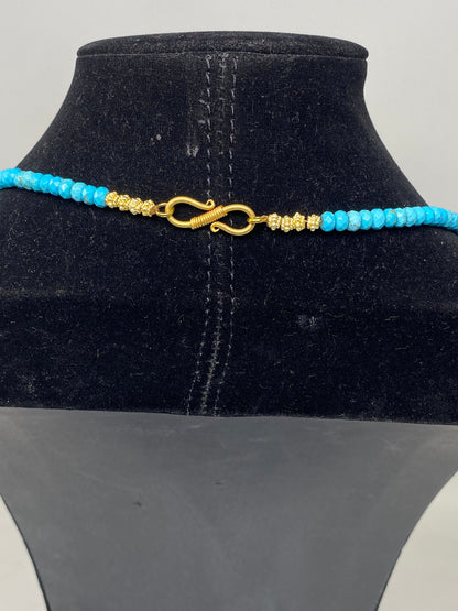 40" Long Turquoise Necklace, 6mm Faceted Round Shapes Bead, Coral & Turquoise inlaid on Focal Beads, 18k Matte Gold Overlay, Beaded Necklace