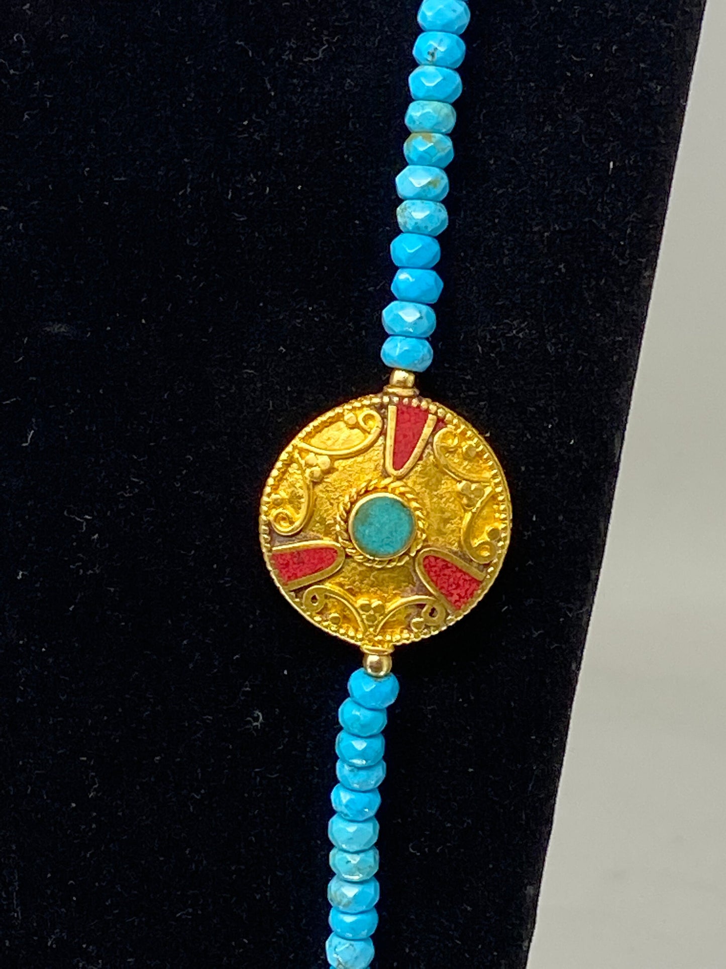 40" Long Turquoise Necklace, 6mm Faceted Round Shapes Bead, Coral & Turquoise inlaid on Focal Beads, 18k Matte Gold Overlay, Beaded Necklace