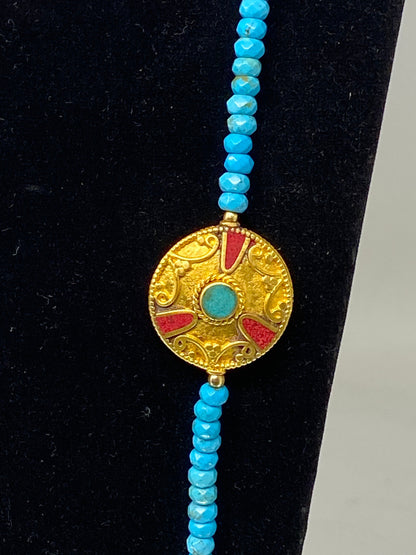 40" Long Turquoise Necklace, 6mm Faceted Round Shapes Bead, Coral & Turquoise inlaid on Focal Beads, 18k Matte Gold Overlay, Beaded Necklace