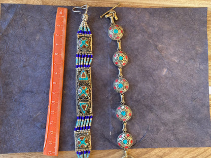 7 Inches Tibetan Designs Bracelet, Made with Tibetan Silver, Coral, Turquoise and Lapis Inlayed,