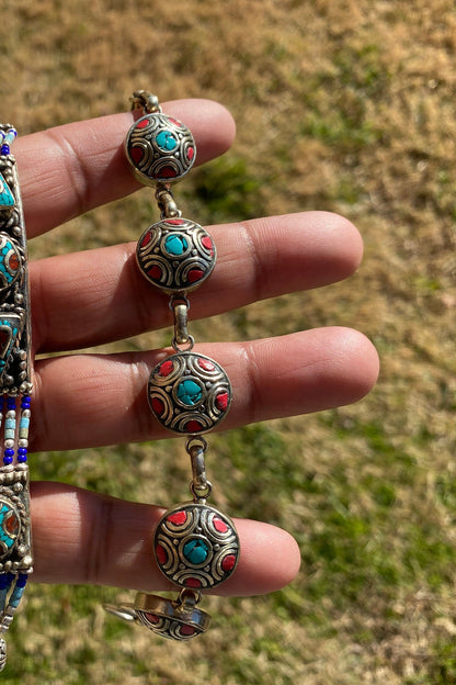 7 Inches Tibetan Designs Bracelet, Made with Tibetan Silver, Coral, Turquoise and Lapis Inlayed,