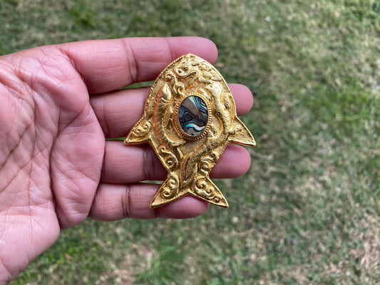 Abalone Fish Pendant, Non Tarnish Gold Overlay Jewelry, Abalone Sea Creature Jewelry, Underwater Fantasy Pendant, Iridescent Necklace