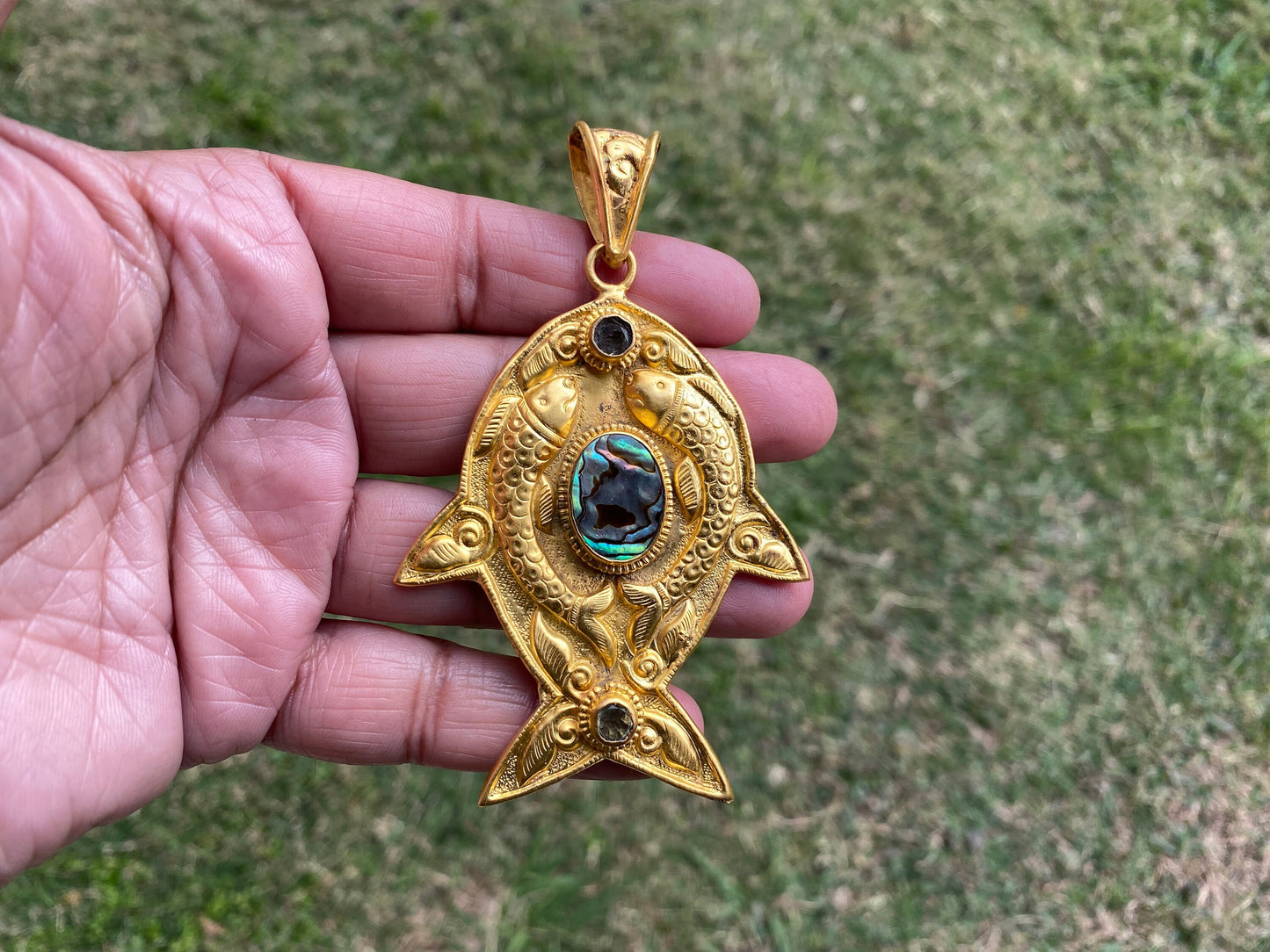 Abalone Fish Pendant, Non Tarnish Gold Overlay Jewelry, Abalone Sea Creature Jewelry, Underwater Fantasy Pendant, Iridescent Necklace