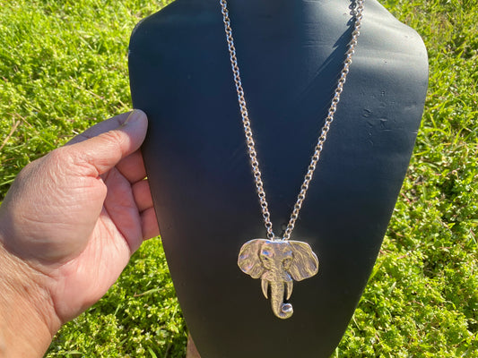 Adjustable 24" Long 5 mm Rollo Chain with Elephant Head Pendant Necklace, S - Hook Closure, Brushed Silver Overlay, Wildlife Lover's Jewelry
