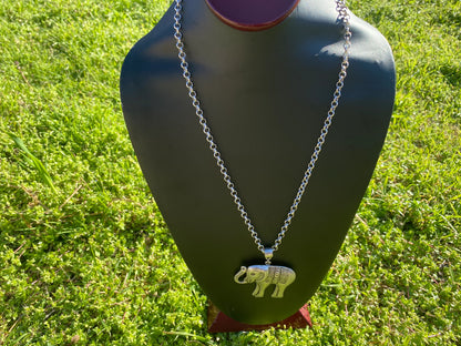 Adjustable 24" Long 5 mm Rollo Chain with Elephant Pendant Necklace, S - Hook Closure, Brushed Silver Overlay, Wildlife Lover's Jewelry,