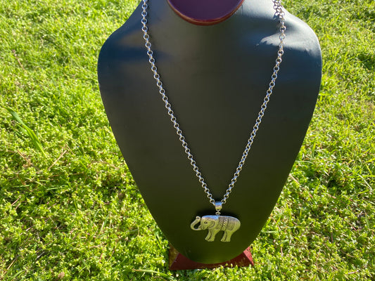 Adjustable 24" Long 5 mm Rollo Chain with Elephant Pendant Necklace, S - Hook Closure, Brushed Silver Overlay, Wildlife Lover's Jewelry,