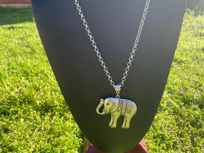 Adjustable 24" Long 5 mm Rollo Chain with Elephant Pendant Necklace, S - Hook Closure, Brushed Silver Overlay, Wildlife Lover's Jewelry,