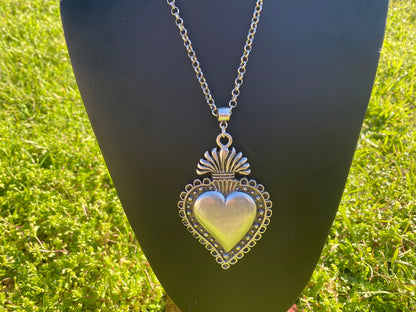 Adjustable 32" Long 5 mm Rollo Chain with Sacred Heart Shape Pendant Necklace, S - Hook Closure, Brushed Silver Overlay, Catholic Jewelry
