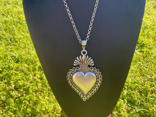Adjustable 32" Long 5 mm Rollo Chain with Sacred Heart Shape Pendant Necklace, S - Hook Closure, Brushed Silver Overlay, Catholic Jewelry
