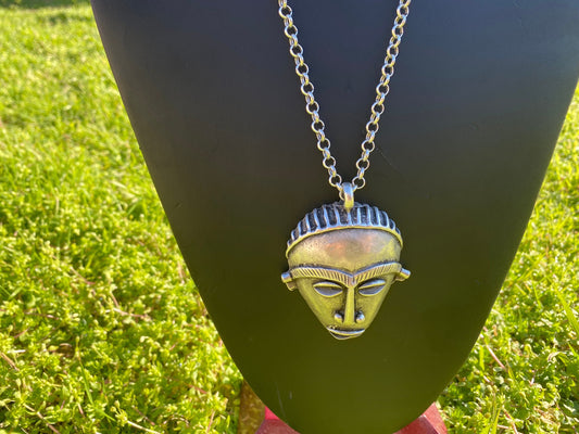 Adjustable 32" Long 5 mm Rollo Chain Necklace with Antique Silver Tone African Tribal Mask Pendant, Ethnic Jewelry, African Jewelry