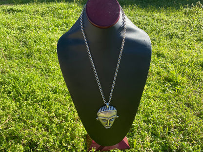 Adjustable 32" Long 5 mm Rollo Chain Necklace with Antique Silver Tone African Tribal Mask Pendant, Ethnic Jewelry, African Jewelry