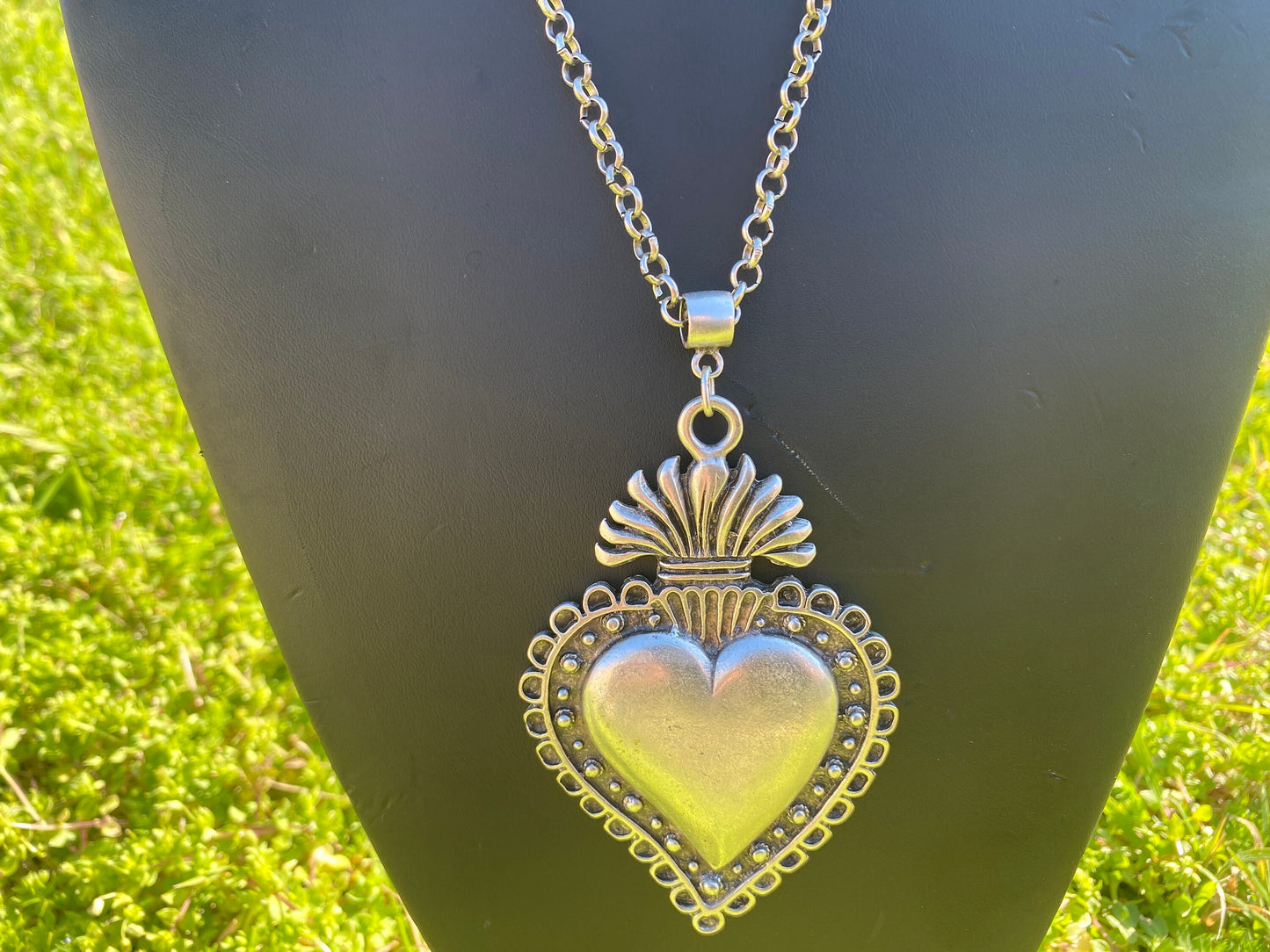 Adjustable 32" Long 5 mm Rollo Chain with Sacred Heart Shape Pendant Necklace, S - Hook Closure, Brushed Silver Overlay, Catholic Jewelry