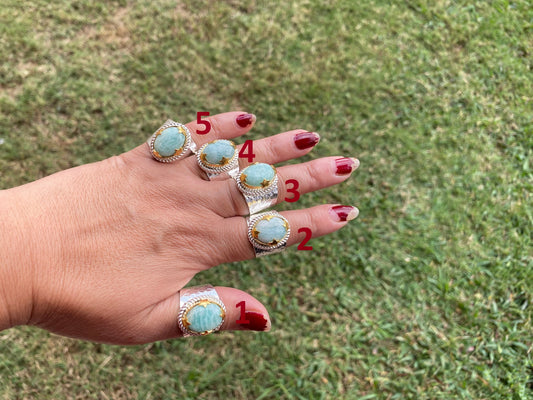 Adjustable Amazonite Natural Stone Two Tone Ring, Gold and Silver Overlay, Handmade Ring, Women Jewelry, Bohemian Jewelry, Energy Stone Ring