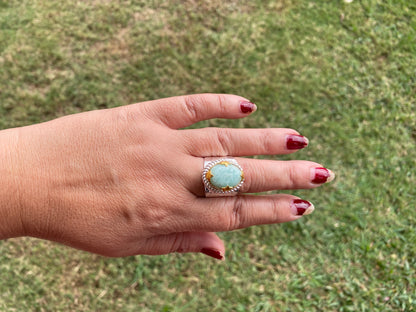 Adjustable Amazonite Natural Stone Two Tone Ring, Gold and Silver Overlay, Handmade Ring, Women Jewelry, Bohemian Jewelry, Energy Stone Ring