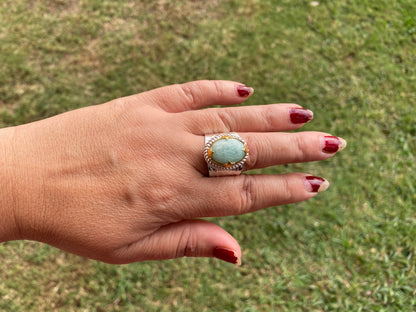 Adjustable Amazonite Natural Stone Two Tone Ring, Gold and Silver Overlay, Handmade Ring, Women Jewelry, Bohemian Jewelry, Energy Stone Ring