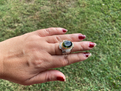 Adjustable Apatite Gemstone Two Tone Ring, Gold and Silver Overlay, Handmade Ring, Women Jewelry, Bohemian Jewelry, Energy Stone Ring