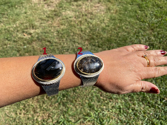 Adjustable Banded Agate Natural Stone Wide Band Cuff,  Brushed Gold with Silver Overlay, Hammered Bracelet, Wide Cuff, Handcrafted Jewelry