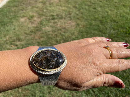 Adjustable Banded Agate Natural Stone Wide Band Cuff,  Brushed Gold with Silver Overlay, Hammered Bracelet, Wide Cuff, Handcrafted Jewelry