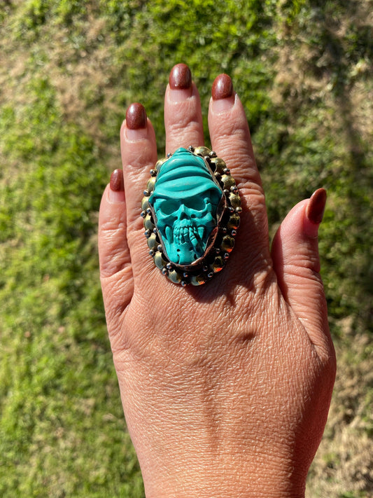 Adjustable Big Skull Ring, Compressed Turquoise with Brass Ring, Punk Jewelry,  Motorcyclist Rings, Biker's Jewelry, Birthday Gift