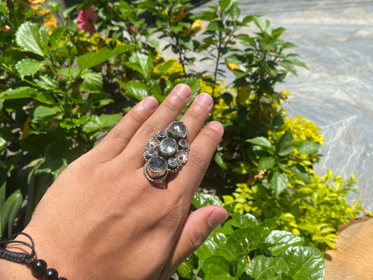 Adjustable Big Tibetan Silver Ring Adorned with White Topaz, Gift ideas