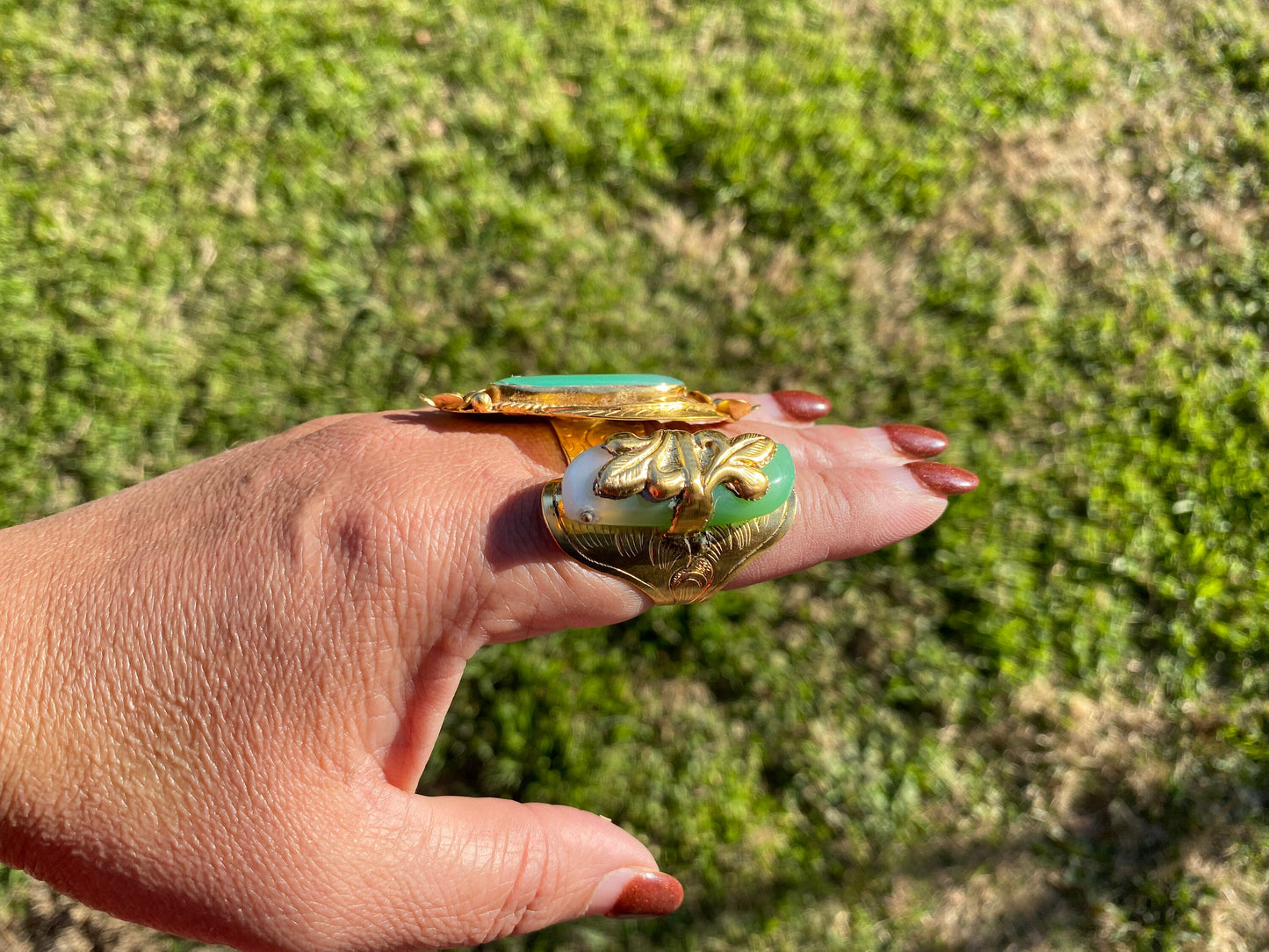 Adjustable Chalcedony Natural Stone Ring, 18K Non Tarnish Brushed Gold Overlay, Designer Ring, Bohemian Rings, Boho Ring, Gift for Summer