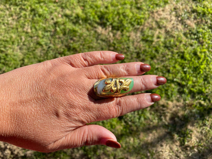 Adjustable Chalcedony Natural Stone Ring, 18K Non Tarnish Brushed Gold Overlay, Designer Ring, Bohemian Rings, Boho Ring, Gift for Summer