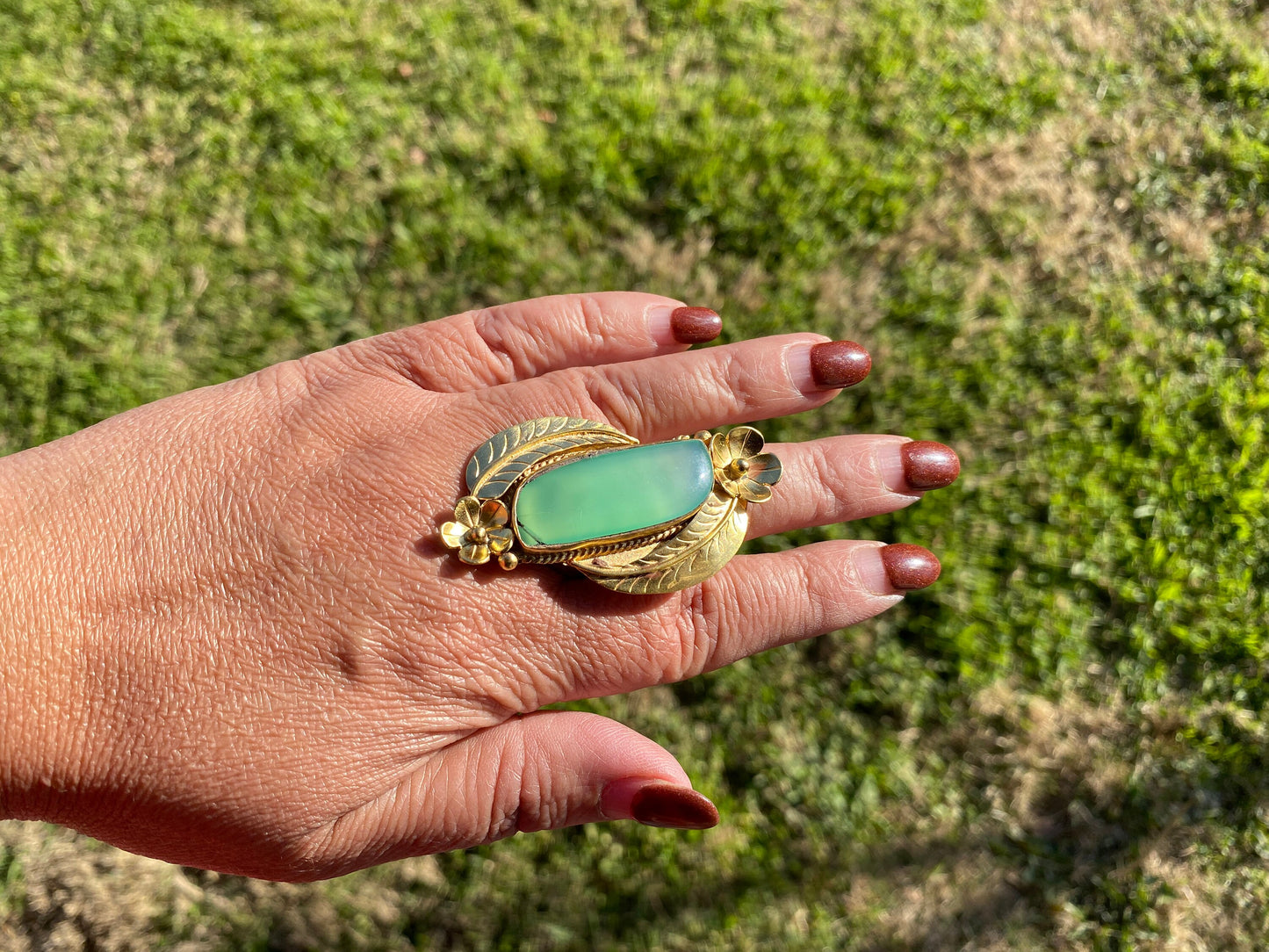Adjustable Chalcedony Natural Stone Ring, 18K Non Tarnish Brushed Gold Overlay, Designer Ring, Bohemian Rings, Boho Ring, Gift for Summer