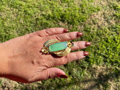 Adjustable Chalcedony Natural Stone Ring, 18K Non Tarnish Brushed Gold Overlay, Designer Ring, Bohemian Rings, Boho Ring, Gift for Summer