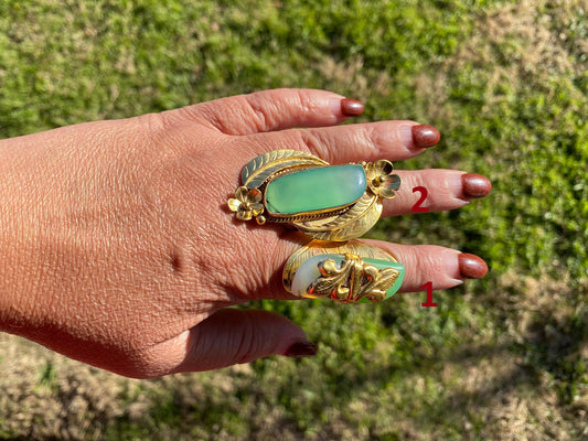 Adjustable Chalcedony Natural Stone Ring, 18K Non Tarnish Brushed Gold Overlay, Designer Ring, Bohemian Rings, Boho Ring, Gift for Summer