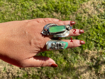 Adjustable Chalcedony Natural Stone Tibetan Silver Ring, Natural Stone Ring, Designer Ring, Bohemian Rings, Statement Ring, Green Stone Ring