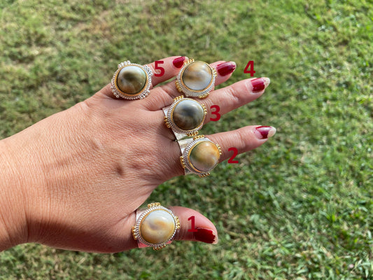Adjustable Crunch Shell Two Tone Ring, Brushed Gold and Silver Overlay, Wide Band, Hippie Ring, Hammered Ring, Marine Inspired Ring