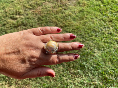 Adjustable Crunch Shell Two Tone Ring, Brushed Gold and Silver Overlay, Wide Band, Hippie Ring, Hammered Ring, Marine Inspired Ring