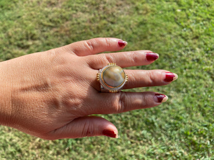 Adjustable Crunch Shell Two Tone Ring, Brushed Gold and Silver Overlay, Wide Band, Hippie Ring, Hammered Ring, Marine Inspired Ring