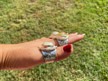 Adjustable Crunch Shell Two Tone Ring, Brushed Gold and Silver Overlay, Wide Band, Hippie Ring, Hammered Ring, Marine Inspired Ring