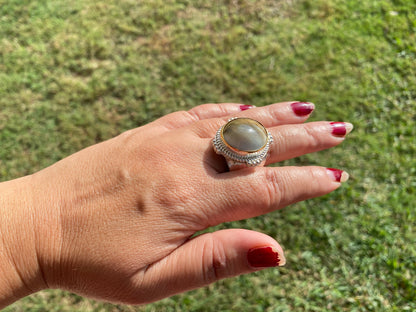Adjustable Crunch Shell Two Tone Ring, Brushed Gold and Silver Overlay, Wide Band, Hippie Ring, Hammered Ring, Marine Inspired Ring
