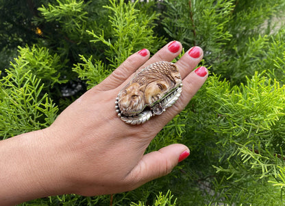 Adjustable Hand-Carved Buffalo Bone Ring | Warrior Woman with Wolf Spirit & Eagle Headdress Design, Tibetan Silver Unisex Healing Jewelry
