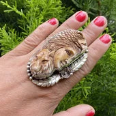 Adjustable Hand-Carved Buffalo Bone Ring | Warrior Woman with Wolf Spirit & Eagle Headdress Design, Tibetan Silver Unisex Healing Jewelry