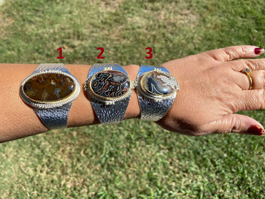 Adjustable Lace Agate Natural Stone Wide Band Cuff,  Brushed Gold with Silver Overlay, Hammered Bracelet, Wide Cuff, Handcrafted Jewelry